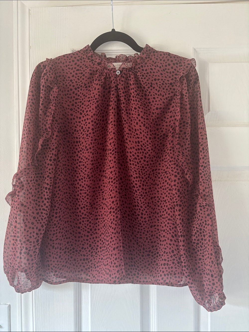 LOFT Burgundy Spot Ruffle Mock-Neck Blouse